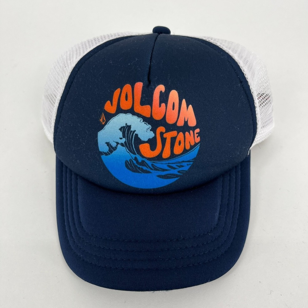 Volcom Stone Navy Blue White Mesh Snapback Trucker Hat Wave Graphic O/S